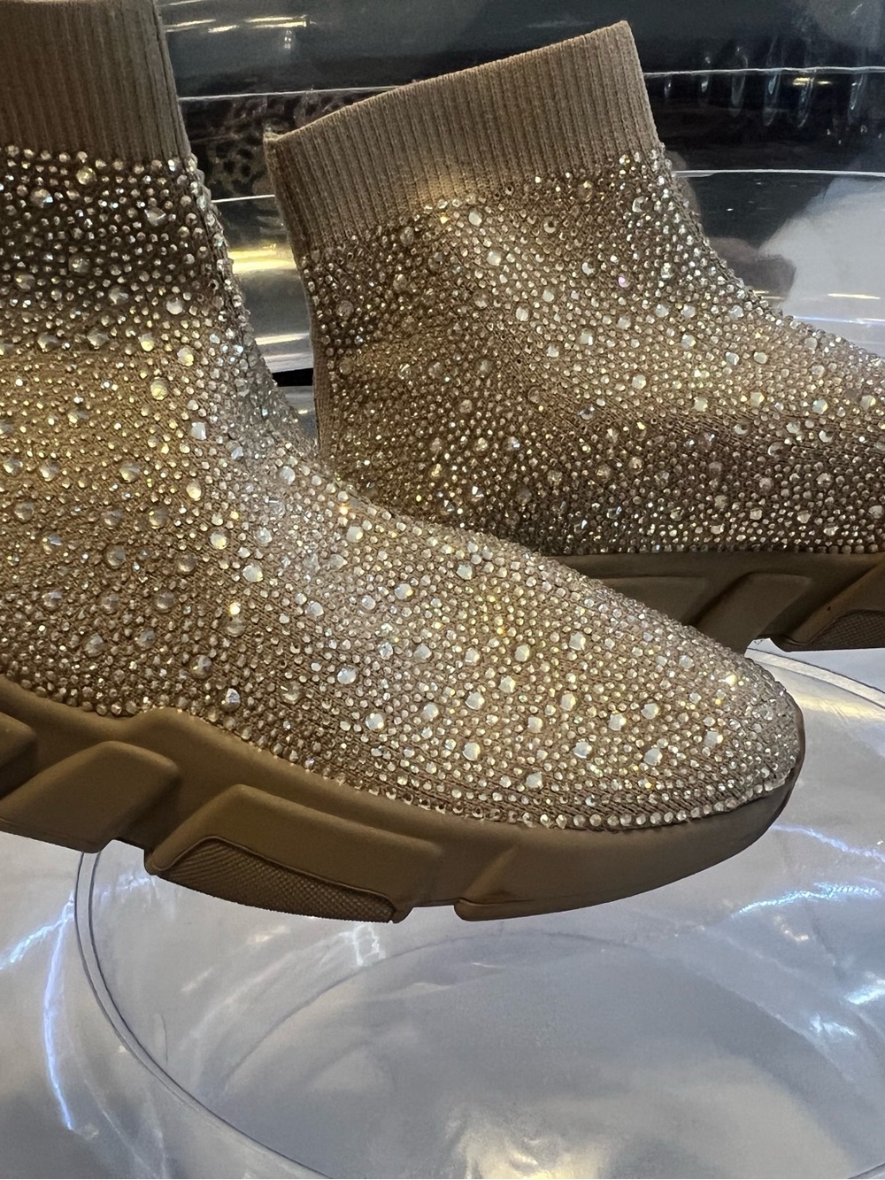 Crystal-Embellished Knit Sock Sneaker - Taupe